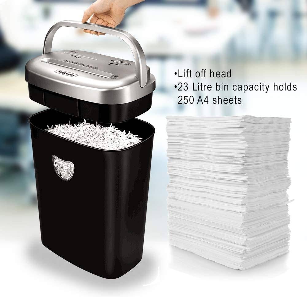 Fellowes Powershred 53C Cross-Cut Shredder – 10 Sheet Capacity, P-4 Security Level, Shreds Paper, Credit Cards, CDs/DVDs, 23L Bin for Home & Office Use Fellowes Powershred 53C Cross-Cut Shredder – 10 Sheet Capacity, P-4 Security Level, Shreds Paper, Credit Cards, CDs/DVDs, 23L Bin for Home & Office Use